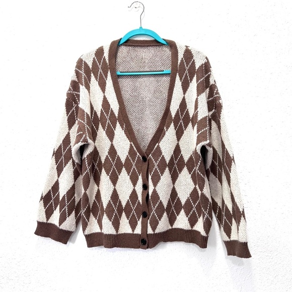 Grandpa Brown and Cream Argyle Cardigan Sweater M - Picture 1 of 5